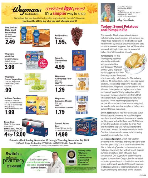 Wegman weekly ad - Oct 5, 2013 · Wegmans Circular 04/13/14-04/19/14. Whole Golden or Organic Pineapples. Current Wegmans weekly flyer specials: $1.99 brown sugar-cured bone-in spiral-sliced or unsliced half ham; $2.99 whole golden or organic pineapples; $1.99 asparagus; $8.99 sausage stuffed mushrooms; $14.99 rich and buttery triple creme brie; $3 organic multi grain baguette ... 